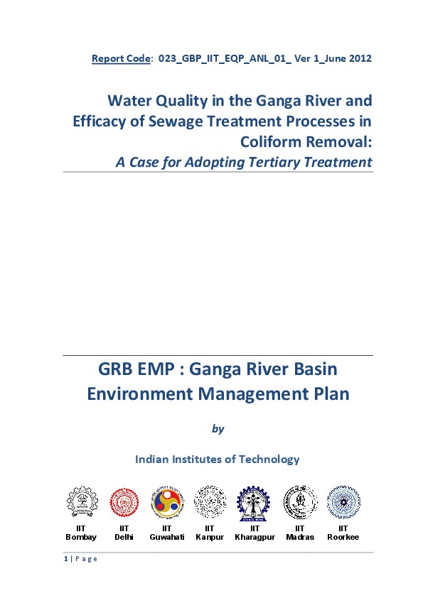 Water Quality in the Ganga River and Efficacy of Sewage Treatment Processes in Coliform Removal