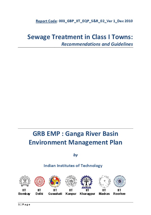 Sewage Treatment in Class 1 Towns: Recommendations and Guidelines