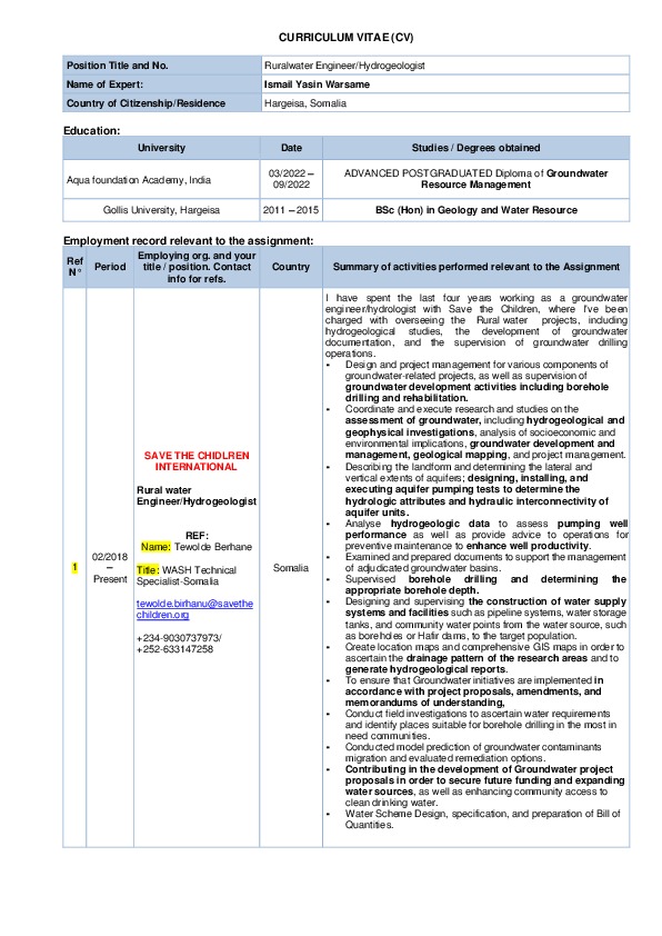Ismail Warsame, Ruralwater engineer/ Hydrogeologist at Save thechildren international