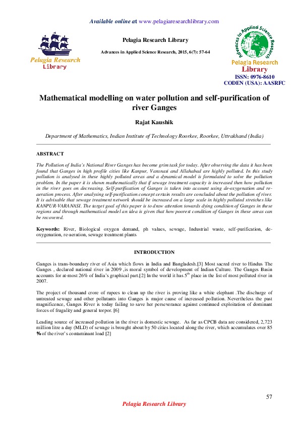 Mathematical modelling on water pollution and self-purification of river Ganges