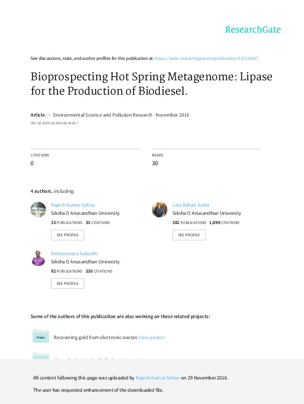 Bioprospecting Hot Spring Metagenome: Lipase for the Production of Biodiesel