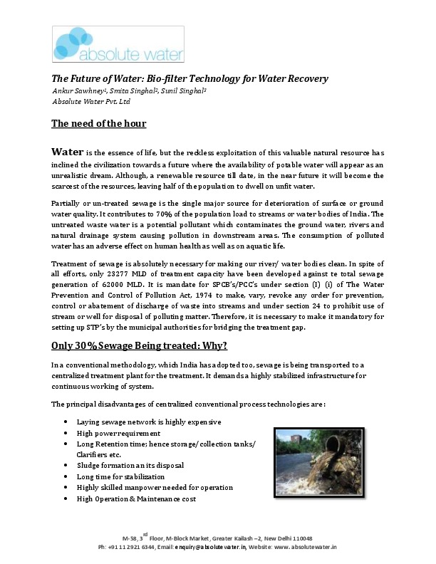 The Future Of Water : Bio-filter Technology for Water Recovery from Sewage