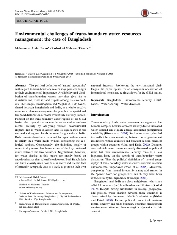 Environmental challenges of trans-boundary water resources management: the case of Bangladesh