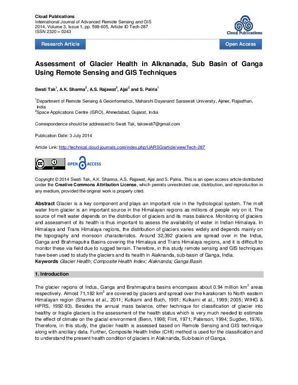 Assessment of Glacier Health in Alknanada, Sub Basin of Ganga by Remote Sensing and GIS Techniques