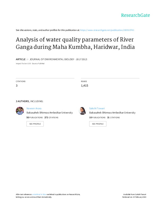 Analysis of water quality parameters of River Ganga during Maha Kumbha, Haridwar, India