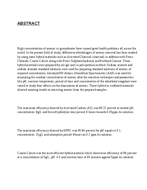 STUDY OF VARIOUS METHODS FOR THE REMOVAL OF ARSENIC CONTAMINATION IN GROUNDWATER