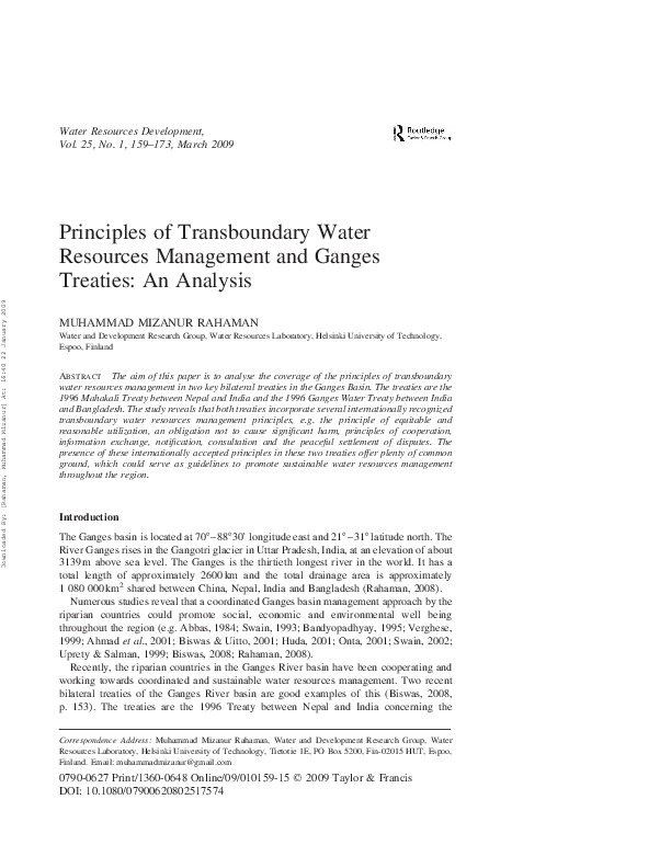 Principles of Transboundary Water Resources Management and Ganges Treaties: An Analysis
